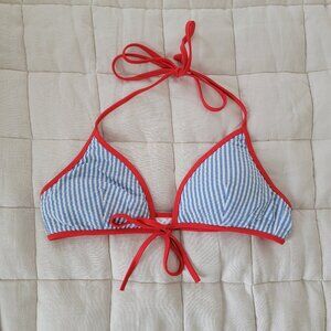 Blue and White Striped Bikini Top with Red Detailing